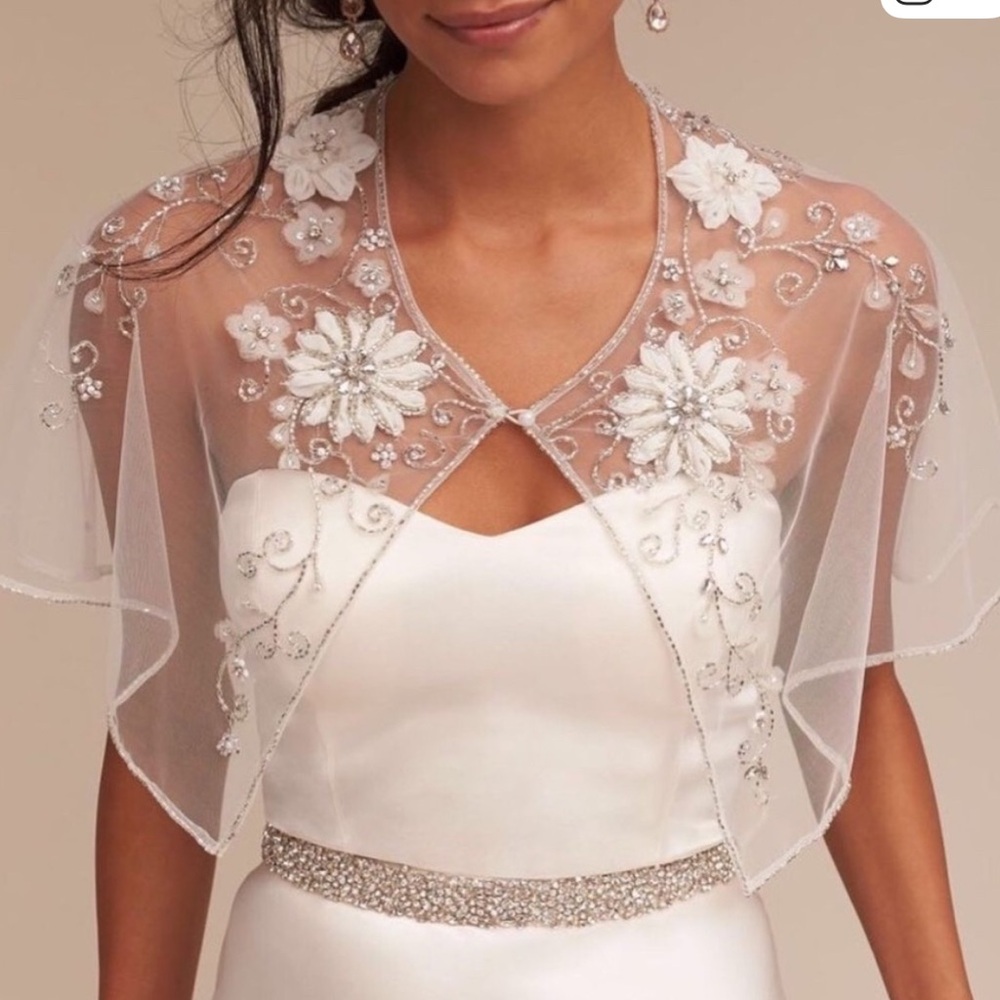 BHLDN Ivory Floral Embellished Sheer Top